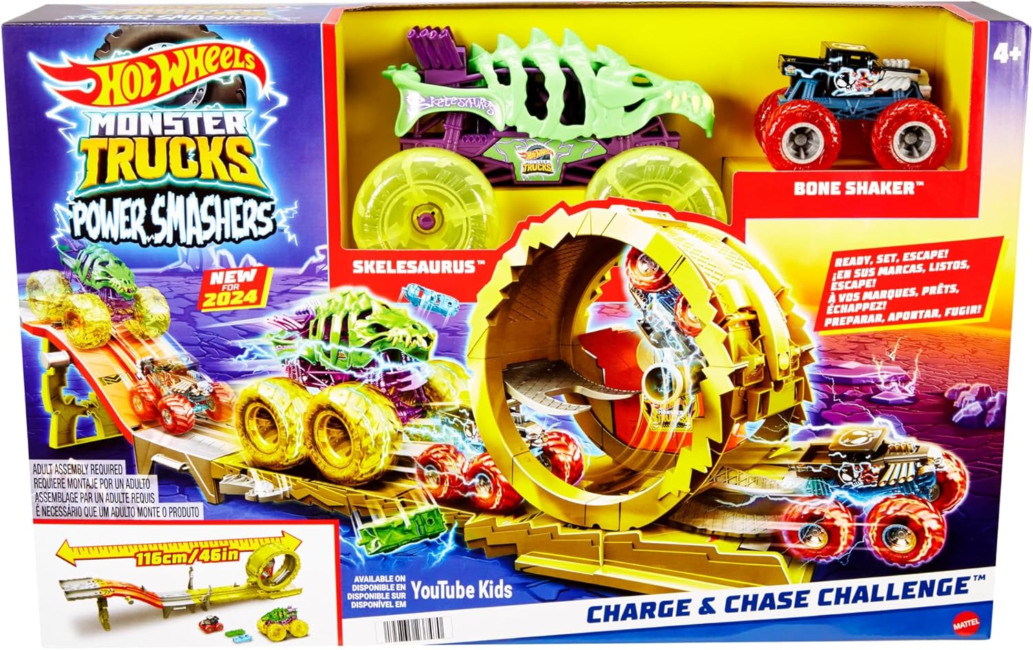 Hot Wheels Monster Trucks Charge and Chase Track Set with Oversized Skelesaurus and Bone Shaker, Power Smashers Loop Track, Includes 2 Crushed Cars, Action Racing Playset for Kids 4 Years+