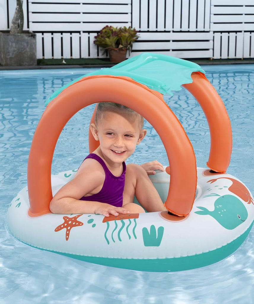 Bestway UV Care Comfort Plush Shaded Baby Boat Sea Animals 84X67cm, Outdoor & Indoor Relaxation & Play, Pool Baby Boats & Rafts, Soft Smooth Comfort Velvet-like Material