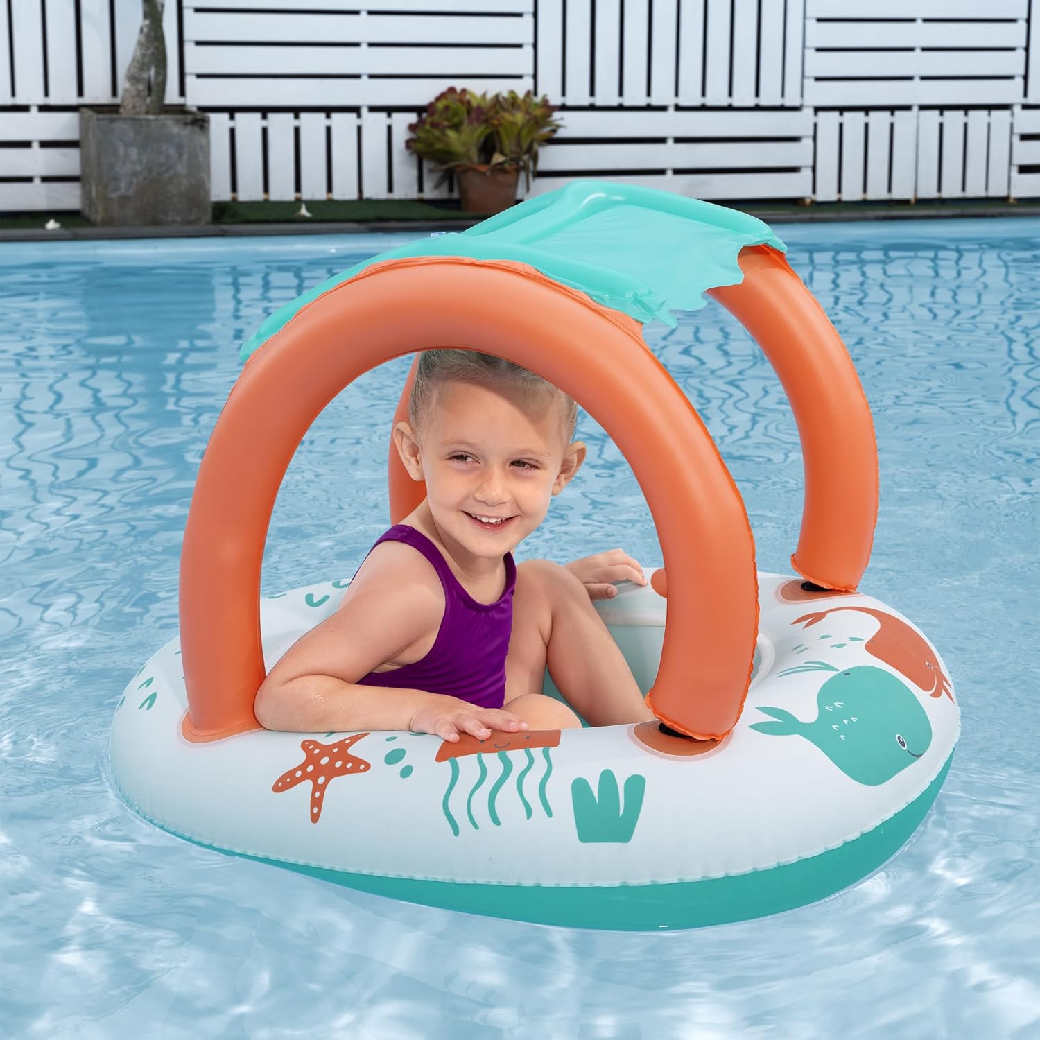 Bestway UV Care Comfort Plush Shaded Baby Boat Sea Animals 84X67cm, Outdoor & Indoor Relaxation & Play, Pool Baby Boats & Rafts, Soft Smooth Comfort Velvet-like Material