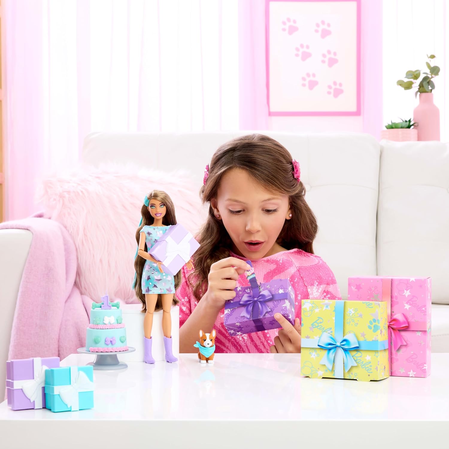 Barbie Party Unboxed Doll & Accessories – Pet Birthday Series Party Stars Set (10 Surprises, Color Change, Cake Decorating, Sensory Play) – Ages 3+