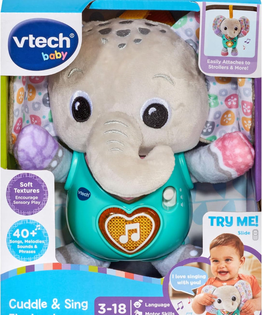 VTech Baby Cuddle & Sing Elephant Interactive Toy with Lights, Numbers & Songs, Beads and Rattle Textures, Gifts for Babies 3-6-9 Months + English Version