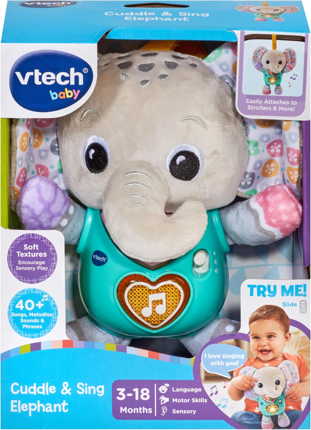 VTech Baby Cuddle & Sing Elephant Interactive Toy with Lights, Numbers & Songs, Beads and Rattle Textures, Gifts for Babies 3-6-9 Months + English Version