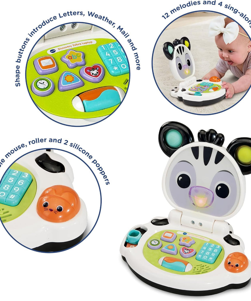VTech Baby Discovery Zebra Laptop Interactive Baby Toy with Lights Music Letters Numbers 2 Modes Motor Skills Development Gift for 3 6 9 12 Months + English Version