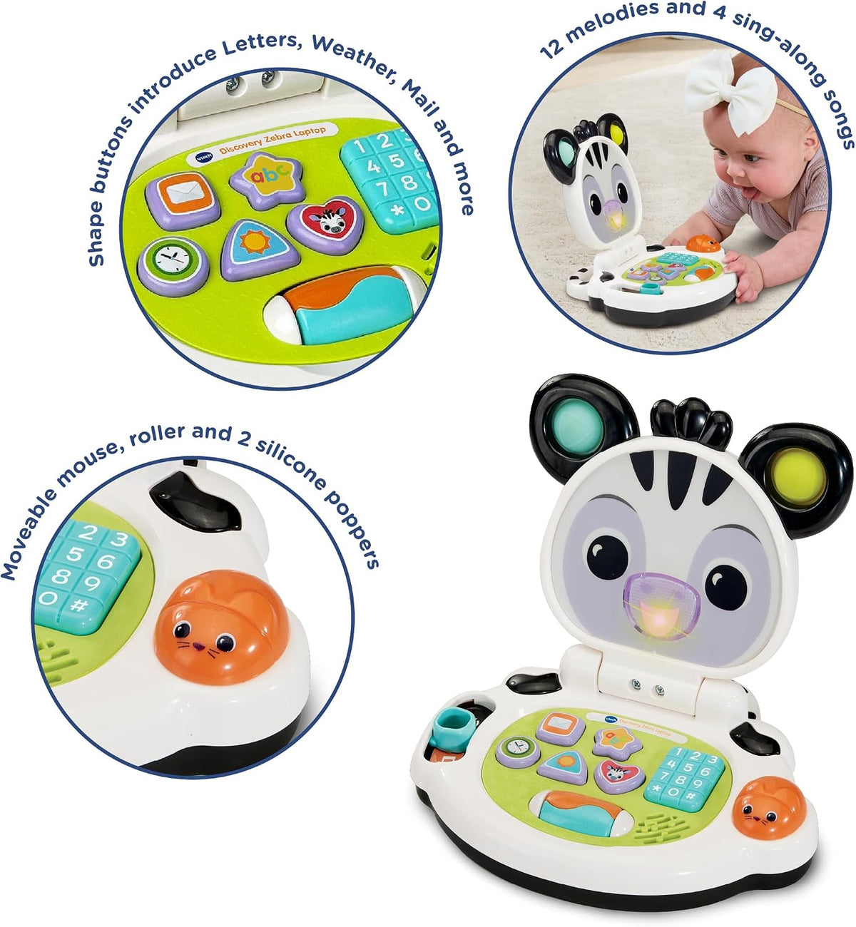 VTech Baby Discovery Zebra Laptop Interactive Baby Toy with Lights Music Letters Numbers 2 Modes Motor Skills Development Gift for 3 6 9 12 Months + English Version