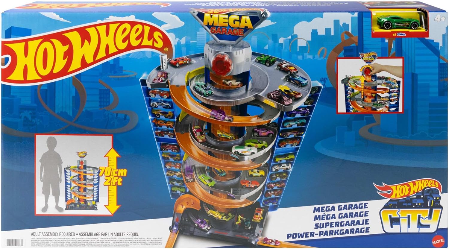 Hot Wheels City Mega Garage Playset with 1 Vehicle, 4-Level Car Garage with Corkscrew Elevator and Multi-Car Storage, Connectable Vehicle Playset for Kids 4 Years & Older