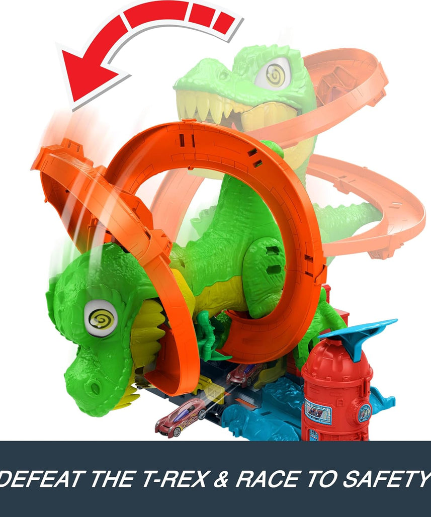 Hot Wheels Toy Car Track Set, City T Rex Blaze Battle Fire Station Playset with 1:64 Scale Die Cast Fire Truck, Interactive Dinosaur Action, 4+ Years