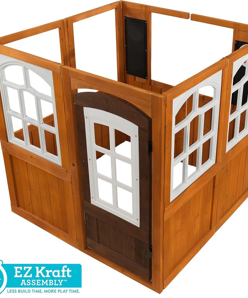 KidKraft 405 Garden View Wooden Outdoor Playhouse, Backyard Playhouse with Café Style Windows, Interactive Accessories, Ages 3 to 8, EZ Kraft Assembly, Weather Resistant Wood