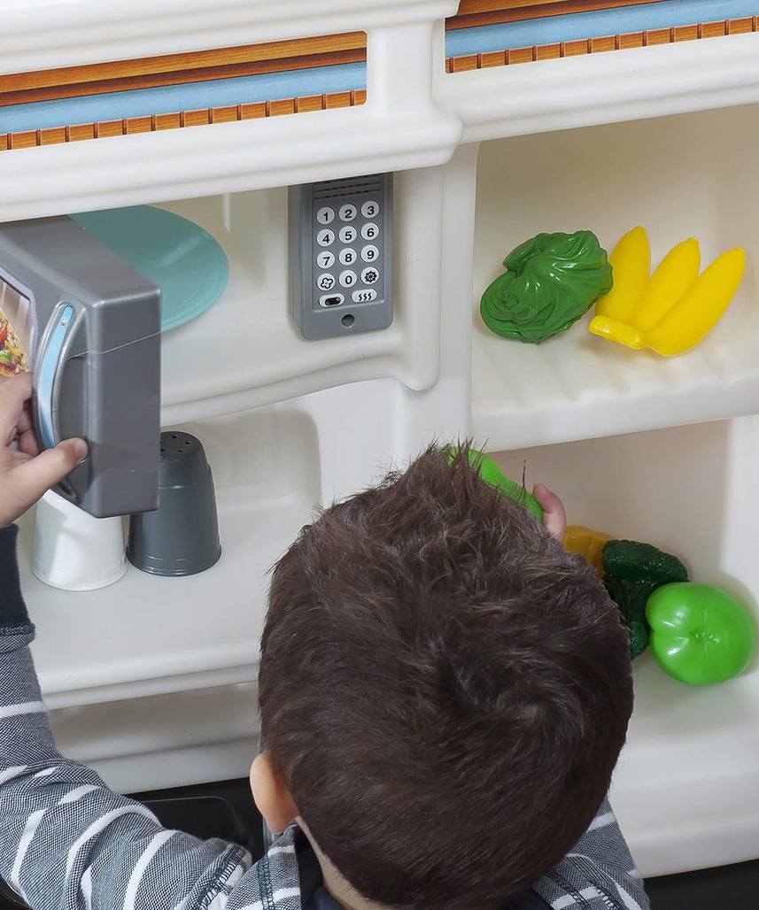 Step2 Custom Kitchen Refresh, Interactive Roleplay Kitchen Set with Lights Sounds Storage Accessories, Pretend Cooking Toy for Kids Boys and Girls Age 2 to 6, Tan