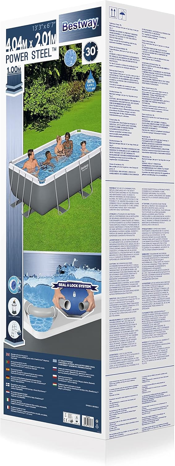 Bestway Rectangular Pool Set 13'3" x 6'7" x 39.5" (4.04m x 2.01m x 1m) – Heavy-Duty Family Swimming Pool, Grey, Ages 18+
