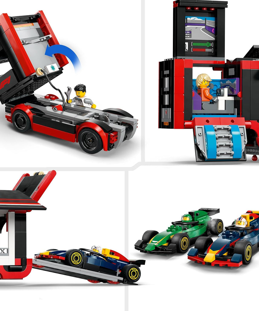 LEGO City F1 Truck with RB20 & AMR24 F1 Cars - Car Transporter Toy for RB & Aston Martin Formula 1 Teams - Incl. 2 Drivers & Race Simulator - Gifts for 8+ Year Old Boys & Girls - 60445
