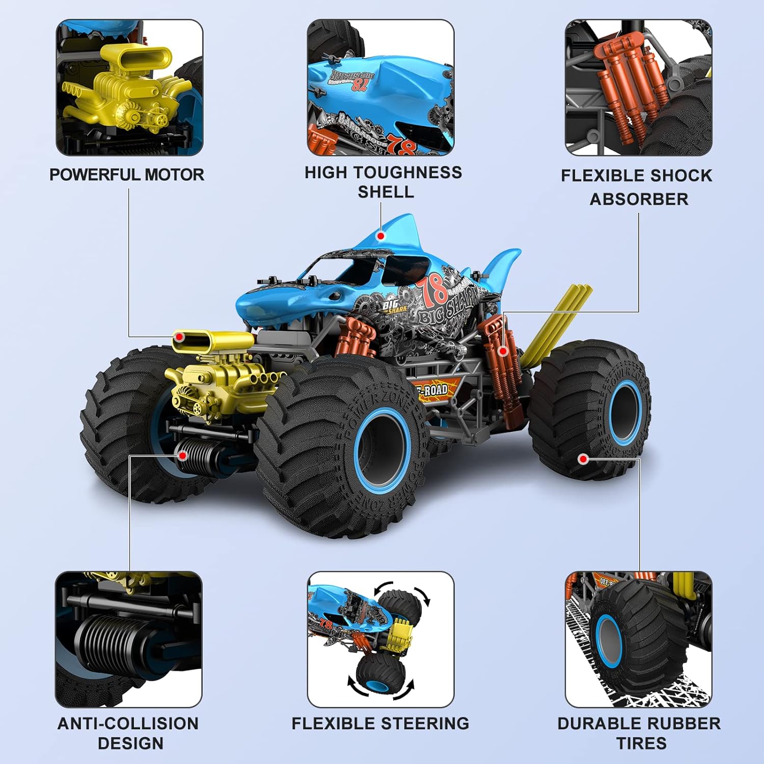 Crazon 1:10 Shark Monster RC Car with Fog Mist Effect, 2.4GHz Remote Control, Dual Rechargeable Batteries, 6+
