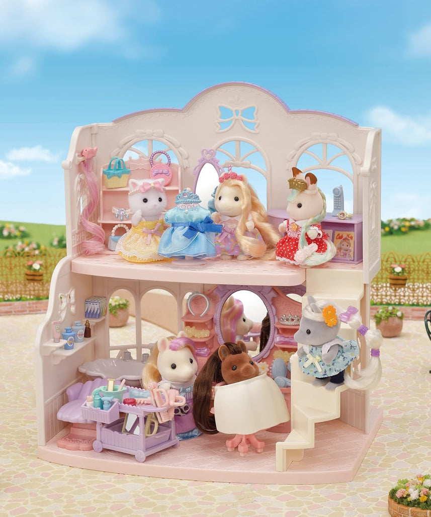 Sylvanian Families Pony's Stylish Hair Salon Set (5642) – 2-Story Salon with Sally Pony Figure, Hair Accessories, Styling Book, Dresser & Shampoo Basin – Educational Role-Playing Toy for Ages 3+