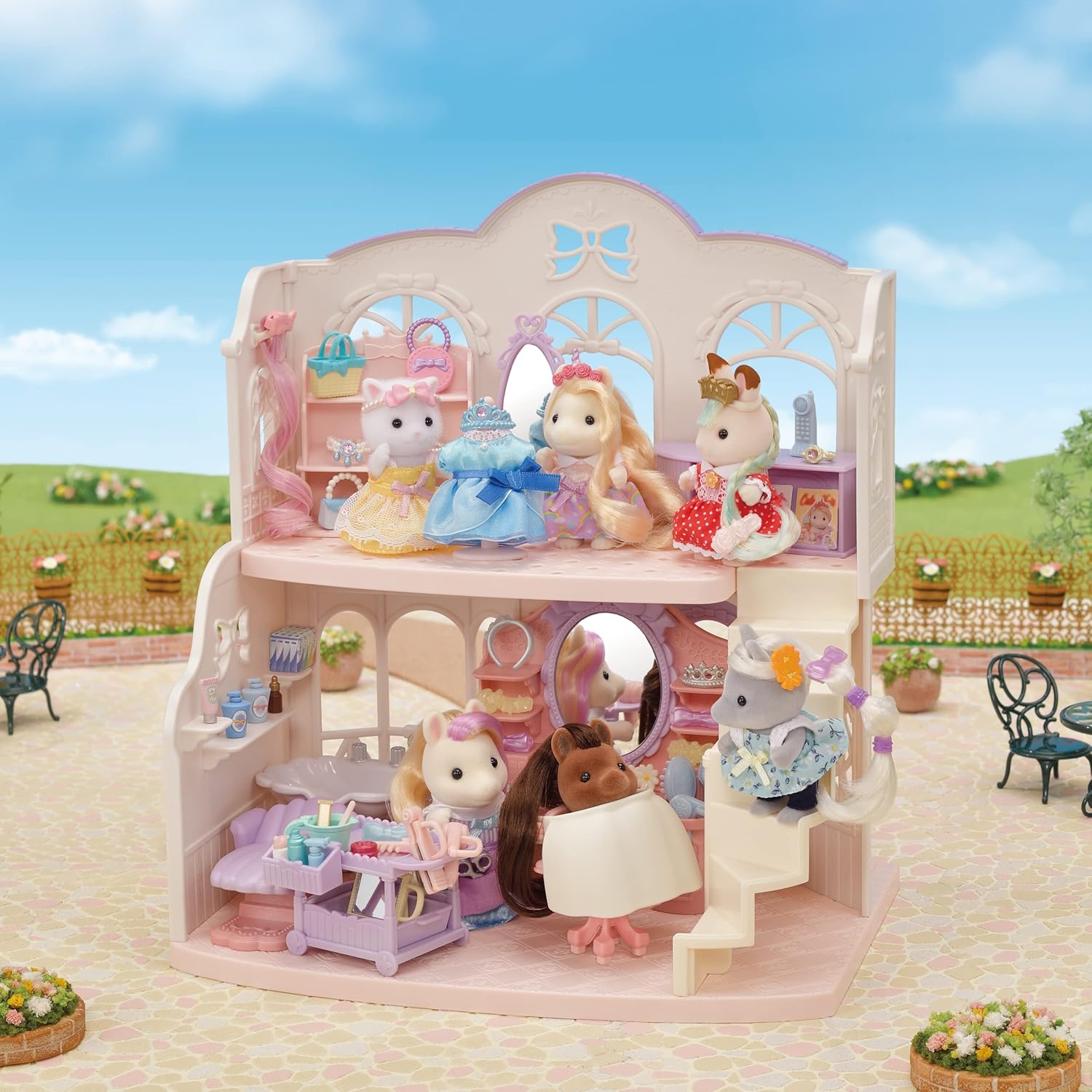 Sylvanian Families Pony's Stylish Hair Salon Set (5642) – 2-Story Salon with Sally Pony Figure, Hair Accessories, Styling Book, Dresser & Shampoo Basin – Educational Role-Playing Toy for Ages 3+