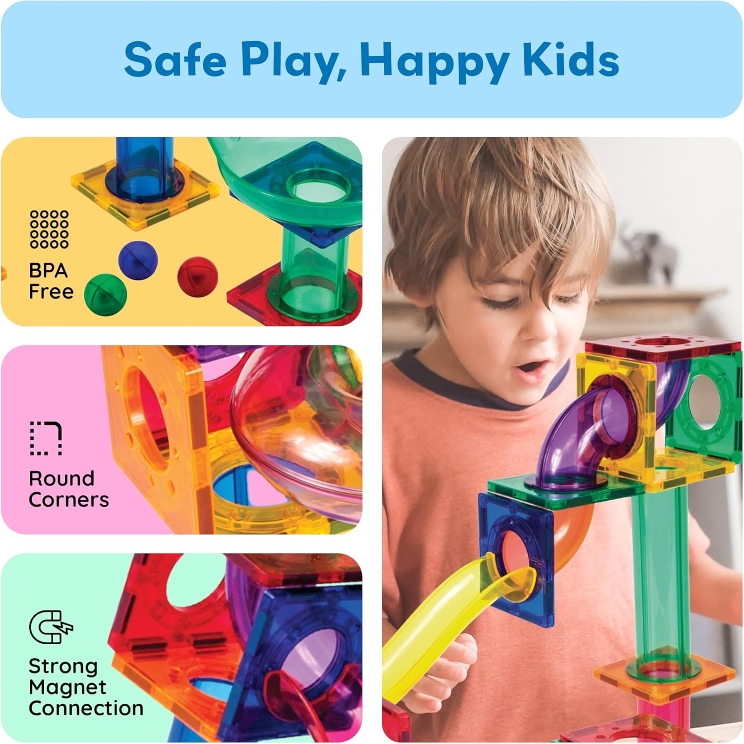 PicassoTiles Marble Run 50-Piece Magnetic Tile Race Track Toy Play Set, STEM Building & Learning, Educational Magnet Construction, Child Brain Development Kit, Boys Girls Age 3 4 5 6 7 8+ Years Old