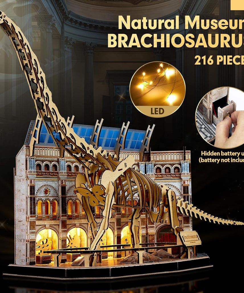 CubicFun Natural Museum Brachiosaurus 3D Puzzle Skeleton Model Kit with LED Lights, 216-Piece Dinosaur Fossil STEM Building Set for Kids & Adults