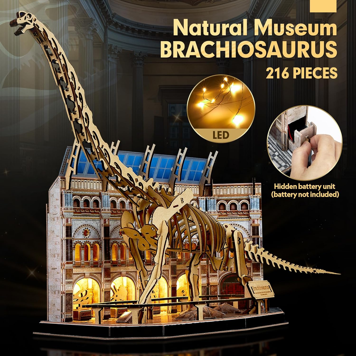 CubicFun Natural Museum Brachiosaurus 3D Puzzle Skeleton Model Kit with LED Lights, 216-Piece Dinosaur Fossil STEM Building Set for Kids & Adults