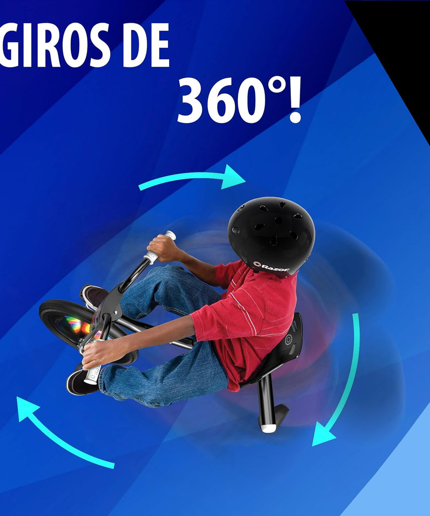 دراجة Razor RipRider 360 Lightshow Drifting ثلاثية العجلات للأطفال من سن 5 سنوات فما فوق، مزودة بدواسة ومصابيح LED متعددة الألوان تعمل بالحركة وعجلات خلفية