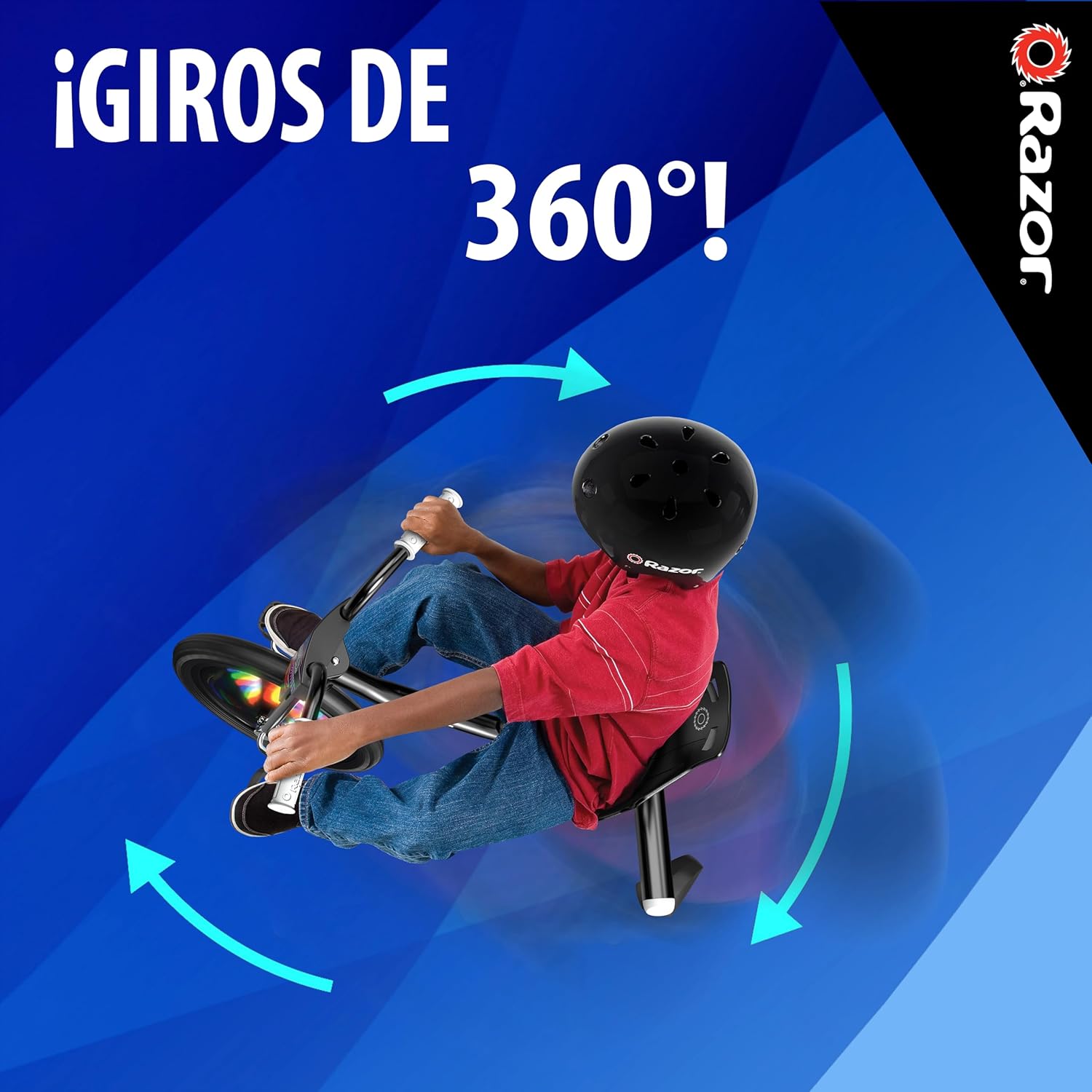دراجة Razor RipRider 360 Lightshow Drifting ثلاثية العجلات للأطفال من سن 5 سنوات فما فوق، مزودة بدواسة ومصابيح LED متعددة الألوان تعمل بالحركة وعجلات خلفية