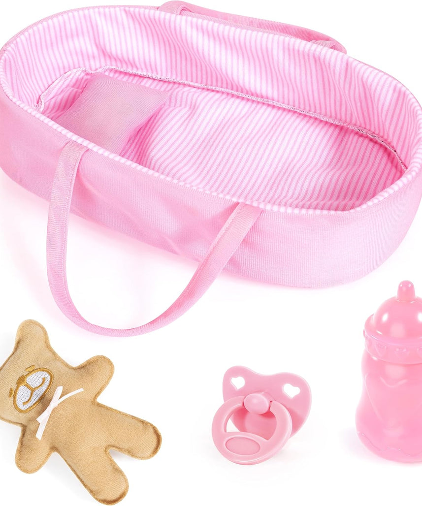 Bayer Baby Doll Basket Set 28cm with Soft Doll, Carrier, Blanket, Pillow, Bottle, Teddy, Role Play Toy for Kids, 3Y+ Years
