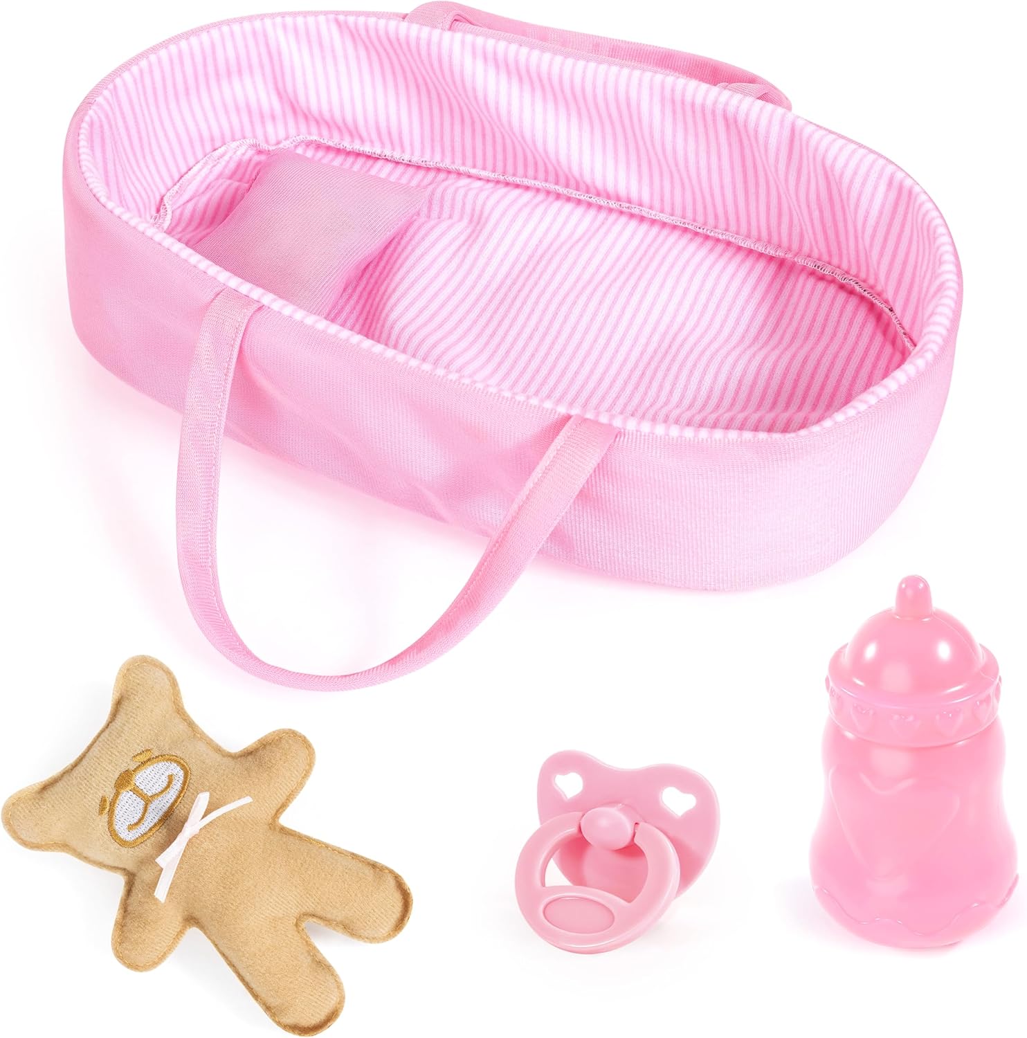 Bayer Baby Doll Basket Set 28cm with Soft Doll, Carrier, Blanket, Pillow, Bottle, Teddy, Role Play Toy for Kids, 3Y+ Years