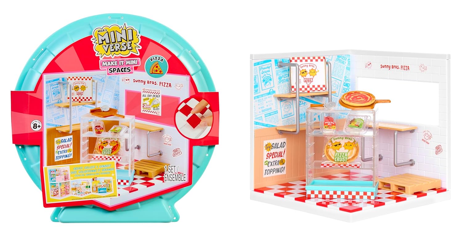 MGA’s Miniverse Make It Mini Spaces Starter Pack Red, Buildable Custom Scene with Wall Panels, Floor, Furniture, Wallpaper, Surprise Ingredients & NFC Card, Ice Cream & Pizza Shop Themes- 566069