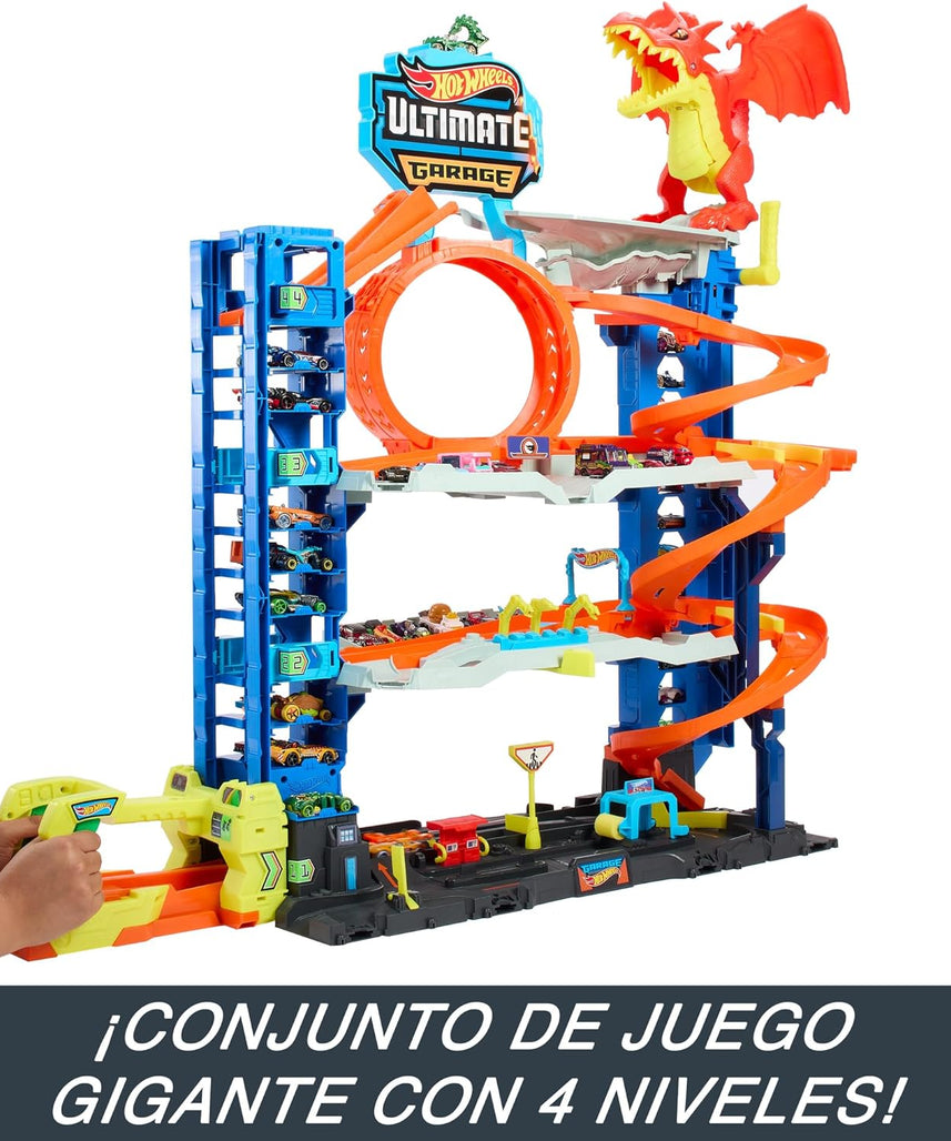 Hot Wheels City Ultimate Garage Playset with Dragon, 2 Die-Cast Cars Included, Multi-Level Track, Parking for 50+ Cars, Kids Toy Garage, Ages 4+