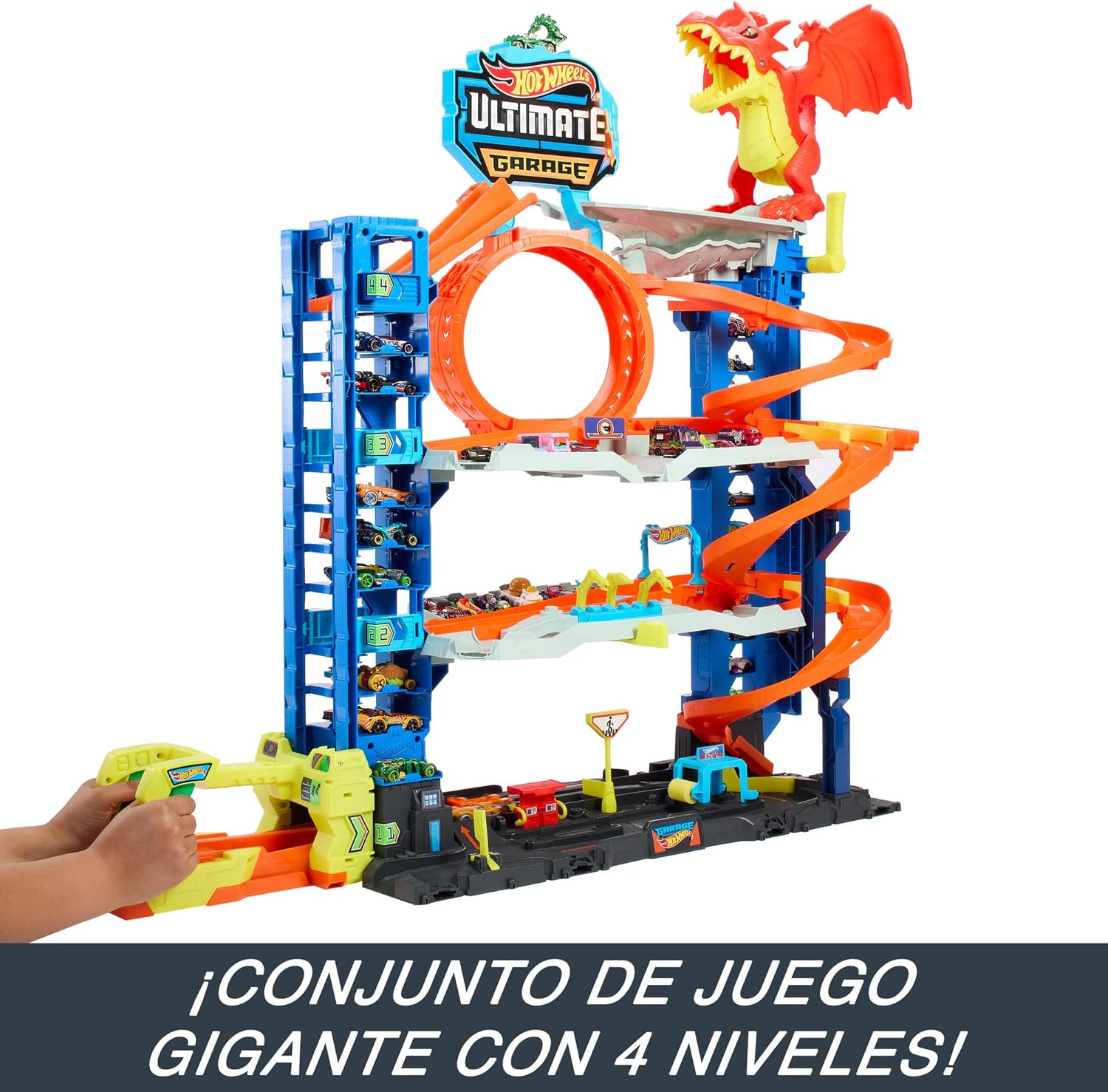 Hot Wheels City Ultimate Garage Playset with Dragon, 2 Die-Cast Cars Included, Multi-Level Track, Parking for 50+ Cars, Kids Toy Garage, Ages 4+