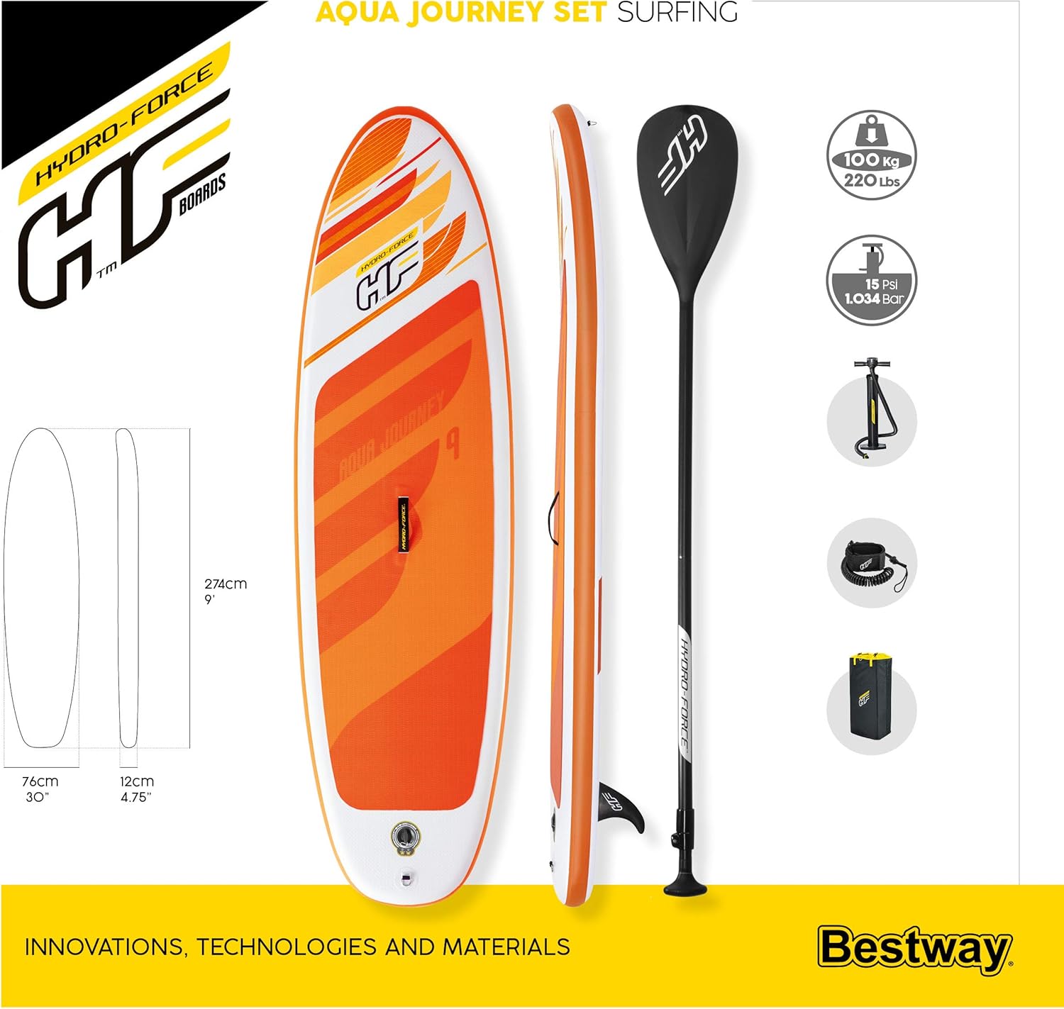 Bestway Hydro-Force Inflatable Stand Up Paddle Board 9ft with Paddle, Pump, Carry Bag & Accessories for Beginners 14+