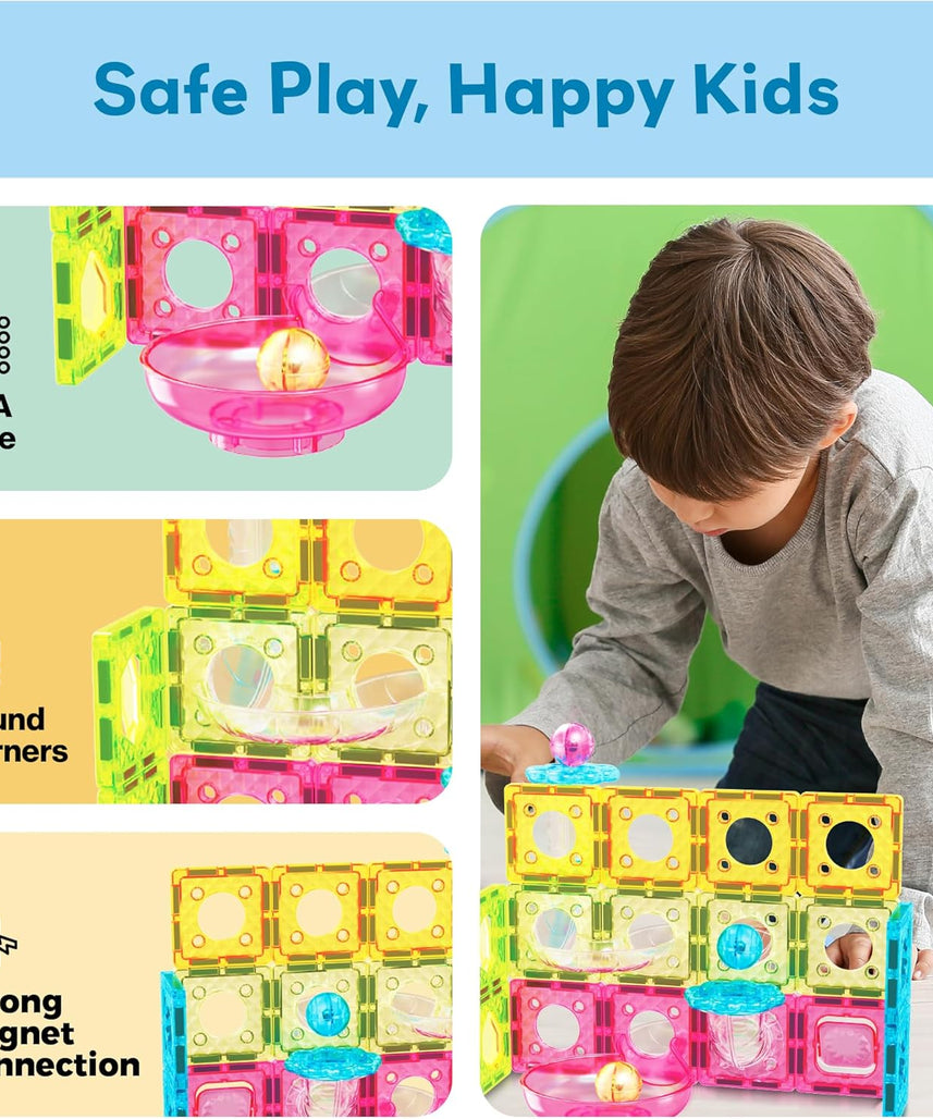 PicassoTiles Magnet Tiles Building Block Travel Size Magnetic Marble Run Construction Toy Set Mini Diamond Marble RaceTrack 45 pc Building Blocks Playset Education STEM Learning Kit Boy Girl 3+ PTMG45