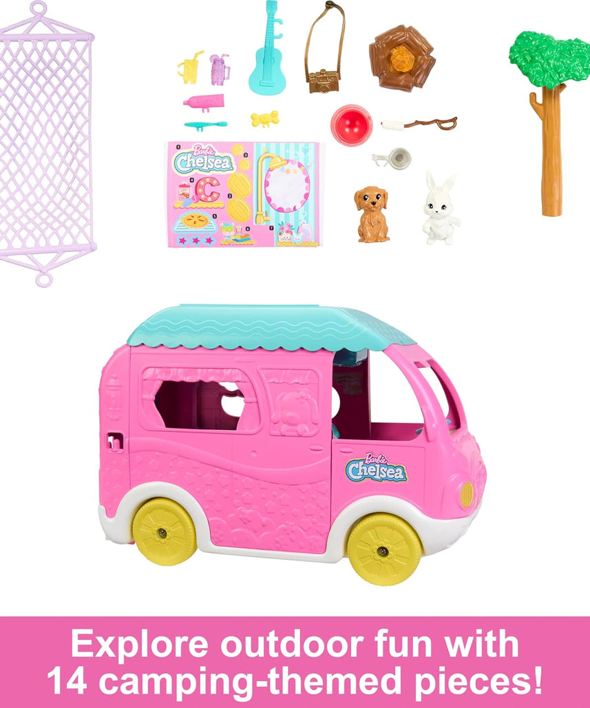 Barbie Chelsea 2-in-1 Camper Playset with Chelsea Doll, 2 Pets, Transforming Camper & 15+ Camping Accessories – Outdoor Adventure Toy for Kids 3+