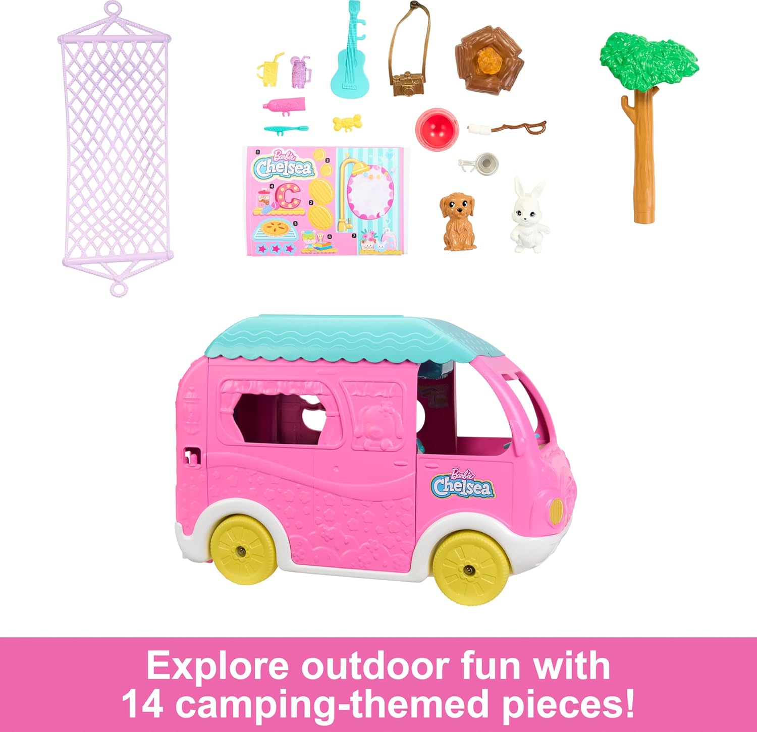 Barbie Chelsea 2-in-1 Camper Playset with Chelsea Doll, 2 Pets, Transforming Camper & 15+ Camping Accessories – Outdoor Adventure Toy for Kids 3+