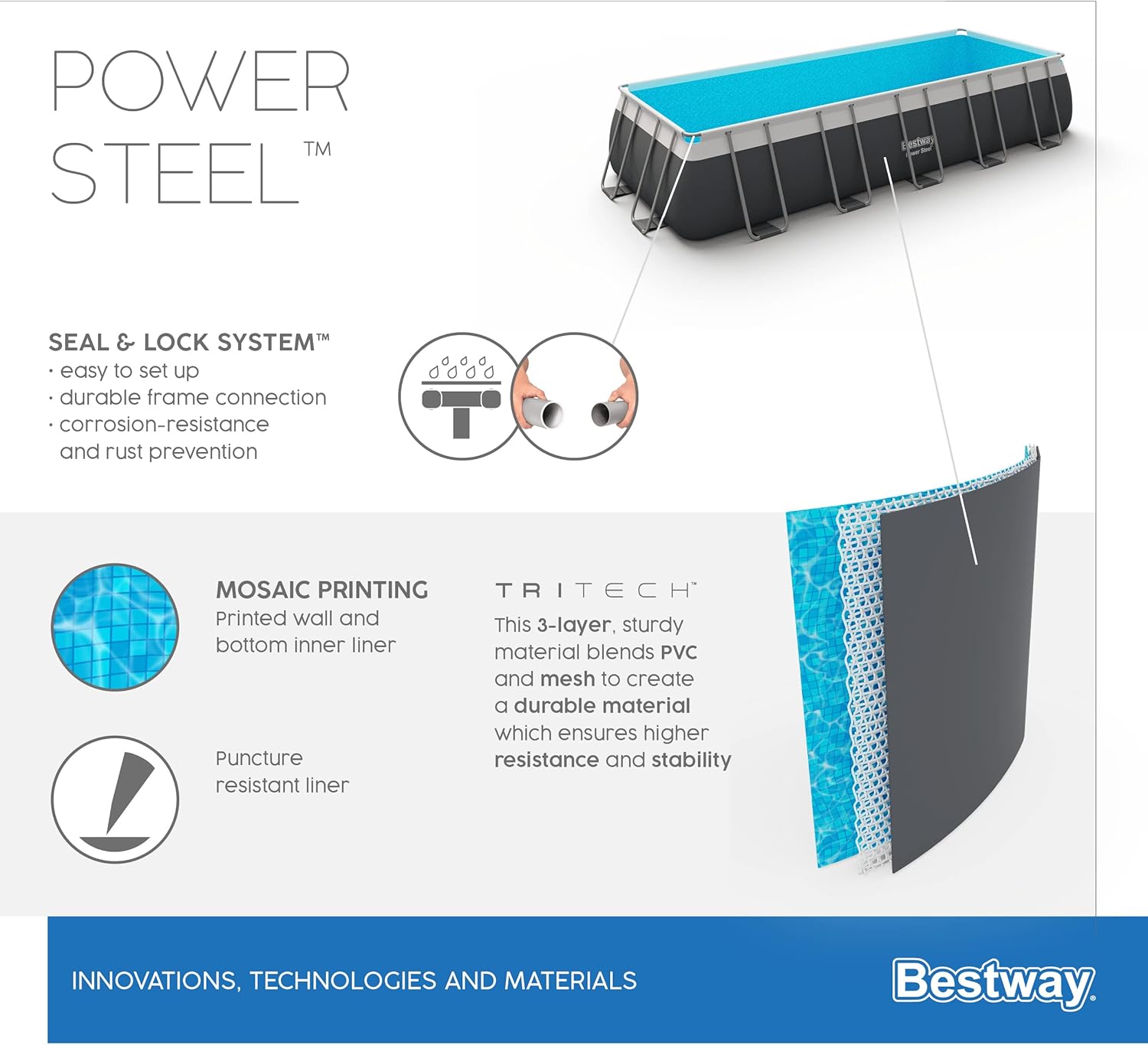 Bestway Power Steel™ Above Ground Pool Set 6.40m x 2.74m x 1.32m – Heavy-Duty Rectangular Family Swimming Pool with Steel Frame, Ages 18+