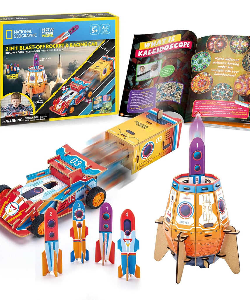 National Geographic 3D Puzzle 2In1 Blast-Off Rocket & Racing Car 59-Pieces by Cubic Fun, STEM Learning, Build Things with Read-Along Adventure, Educational Puzzle, Learn & Fun Toys, For Kids 5 Years+