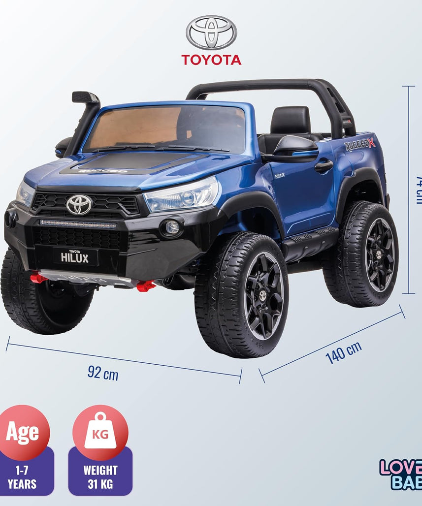 Lovely Baby LB 850DX Toyota Hilux Ride-On Car for Kids, 1-7 Years, Electric 4x4 Off-Road Vehicle, Remote Control, LED Lights, MP4 Music, Openable Doors – Red or Blue