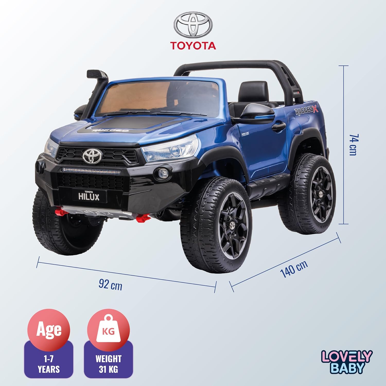 Lovely Baby LB 850DX Toyota Hilux Ride-On Car for Kids, 1-7 Years, Electric 4x4 Off-Road Vehicle, Remote Control, LED Lights, MP4 Music, Openable Doors – Red or Blue