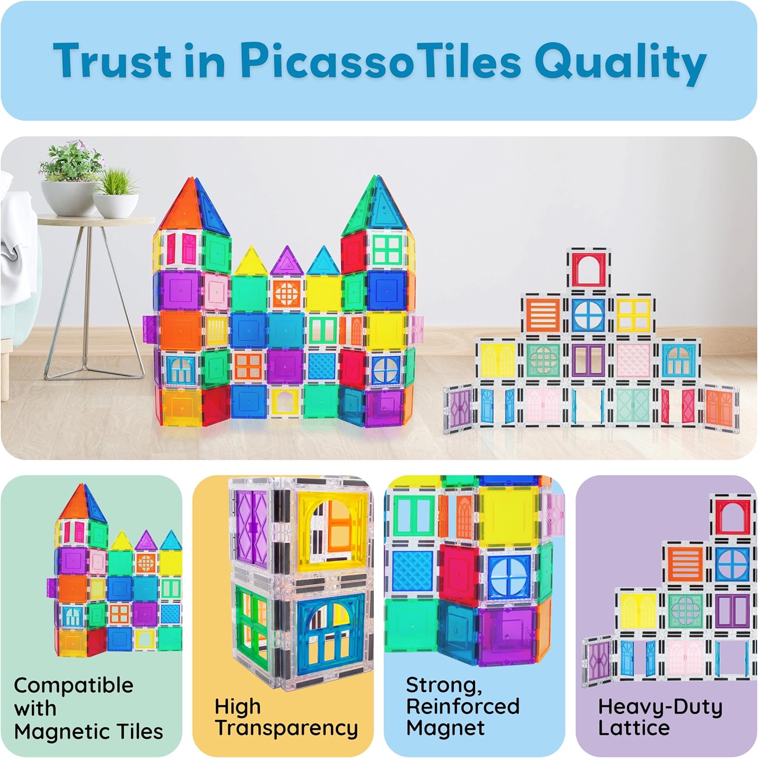 PicassoTiles 40pcs Magnetic Tile Clip-in Window and Door Expansion Set, Magnetic Block Add-ons, Magnet Building Construction Toys, STEM Education Learning Stacking Block, Toddler Boys & Girls