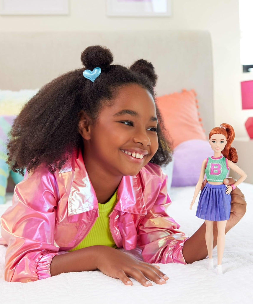 Barbie Fashionistas Doll #232 with Red Hair, Sporty “B” Jersey Top, Pleated Purple Skirt, Watch and Sneakers