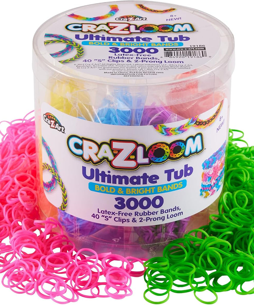 Cra-Z-Loom Ultimate Tub 3000 Rubber Band Bracelet Maker Kit with Neon Bands, 2-Prong Looms, S-Clips, DIY Friendship Jewelry Craft Set for Kids, Creative Party Fun Gift