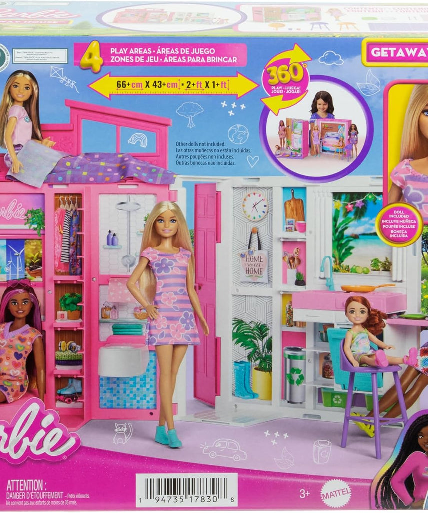 Barbie Getaway Doll House with Barbie Doll, 4 Play Areas and 11 Decor Accessories, Age 3+