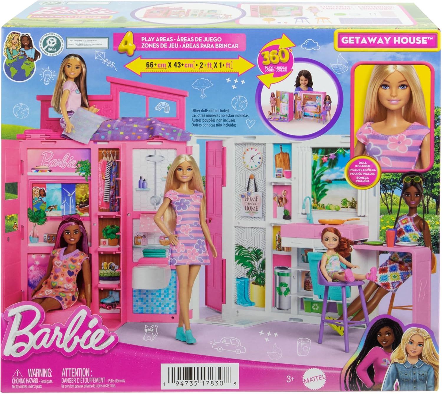 Barbie Getaway Doll House with Barbie Doll, 4 Play Areas and 11 Decor Accessories, Age 3+
