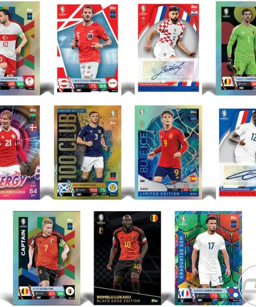 بطاقات تداول توبس ماتش أتاكس يورو 2024، مجموعة من 3 بطاقات مع سلسلة مفاتيح فيدجيت OY إضافية، مجموعة بطاقات كرة قدم قابلة للتجميع