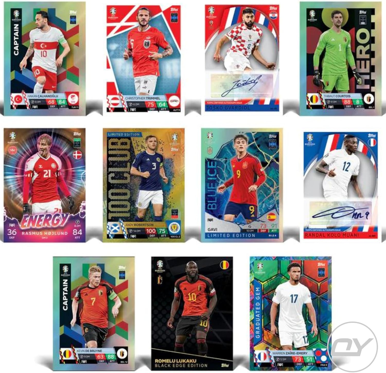 بطاقات تداول توبس ماتش أتاكس يورو 2024، مجموعة من 3 بطاقات مع سلسلة مفاتيح فيدجيت OY إضافية، مجموعة بطاقات كرة قدم قابلة للتجميع