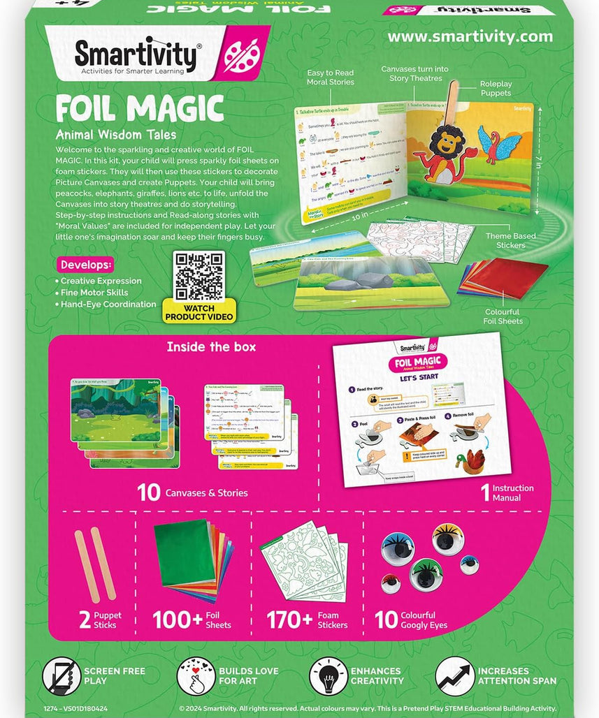 Smartivity Art & Craft Activity Kit- Foil Magic Animals Theme Craft Kit for Kids Age 4-10 Years, 100+ Foil Sheet, 10 Canvases, 170+ Stickers, Birthday Gift for Boys & Girls Ages 4,5,6,7,8,9,10