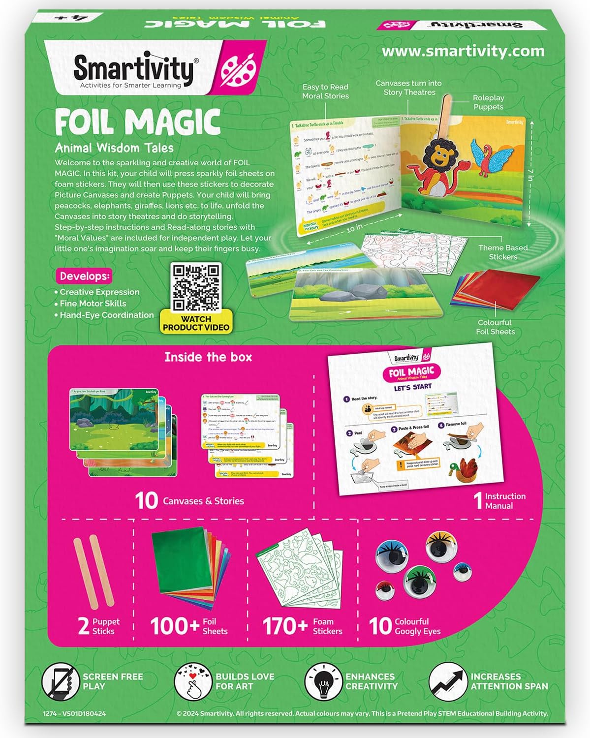 Smartivity Art & Craft Activity Kit- Foil Magic Animals Theme Craft Kit for Kids Age 4-10 Years, 100+ Foil Sheet, 10 Canvases, 170+ Stickers, Birthday Gift for Boys & Girls Ages 4,5,6,7,8,9,10