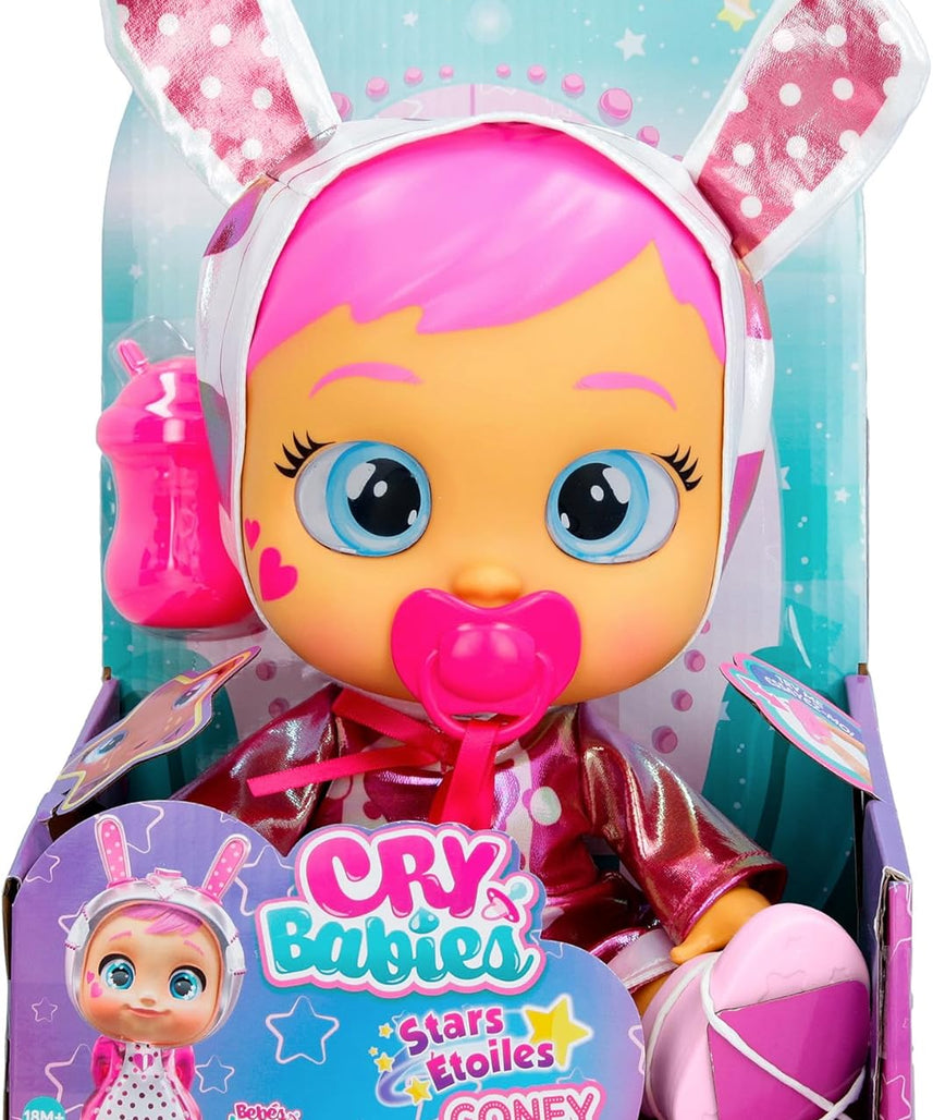 CRY Babies Stars Coney -12" Baby Doll | Pink and White Shiny Iridescent Dress with Bunny Themed Hoodie, for Girls and Kids 18M and Up