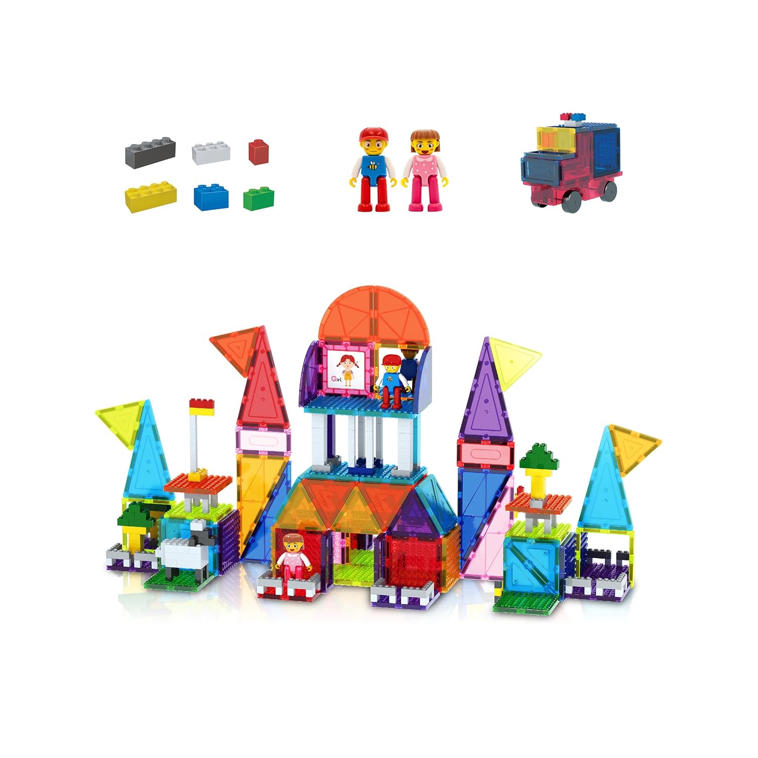 PicassoTiles 333pcs Magnetic Brick Tile and Magnetic Tile Combo Set, Action Figures included, Building Blocks STEM Toys, Educational Montessori Preschool Toddler classroom learning toys, Kids activity