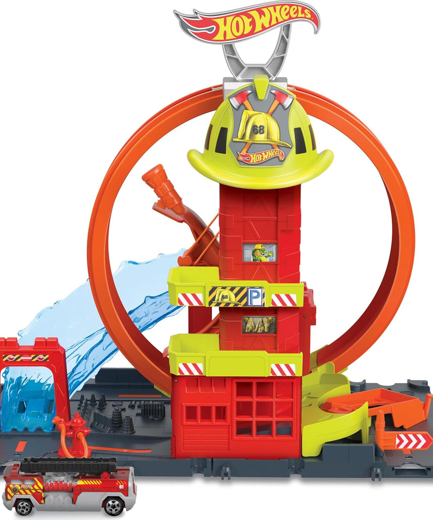 مجموعة ألعاب محطة إطفاء هوت ويلز سيتي سوبر لوب، مجموعة مسارات حلقية قابلة للتعديل مع شاحنة إطفاء واحدة، ميزات محطة الإطفاء، مواقف سيارات ومسارات قابلة للتوصيل، ألعاب للأطفال من سن 4 سنوات فما فوق