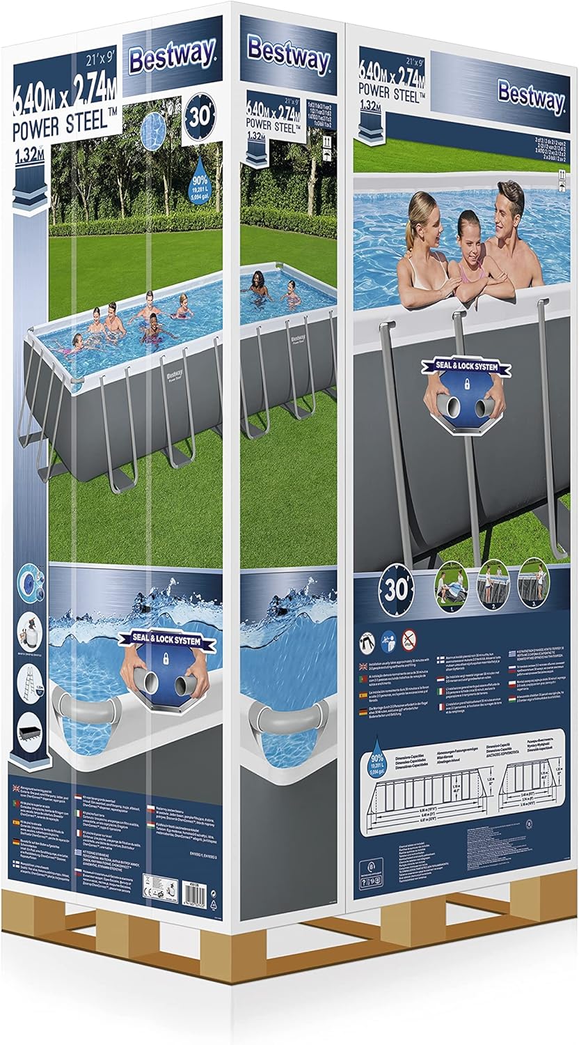 Bestway Power Steel™ Above Ground Pool Set 6.40m x 2.74m x 1.32m – Heavy-Duty Rectangular Family Swimming Pool with Steel Frame, Ages 18+