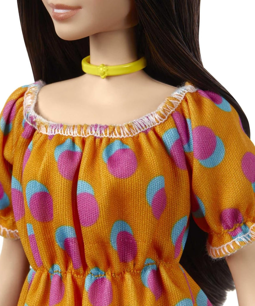 Barbie Fashionistas Doll 160 Long Brunette Hair Orange Patterned Dress White Shoes Yellow Choker GRB52 Multicolour Toy for Kids 3 to 8 Years