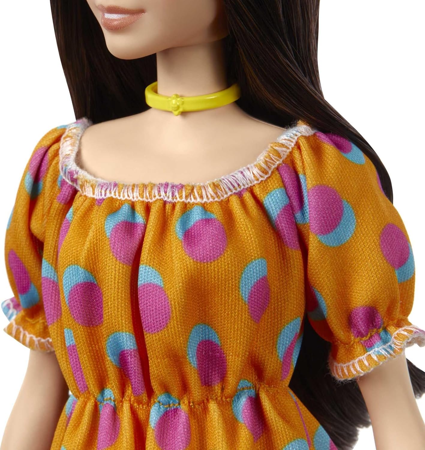Barbie Fashionistas Doll 160 Long Brunette Hair Orange Patterned Dress White Shoes Yellow Choker GRB52 Multicolour Toy for Kids 3 to 8 Years